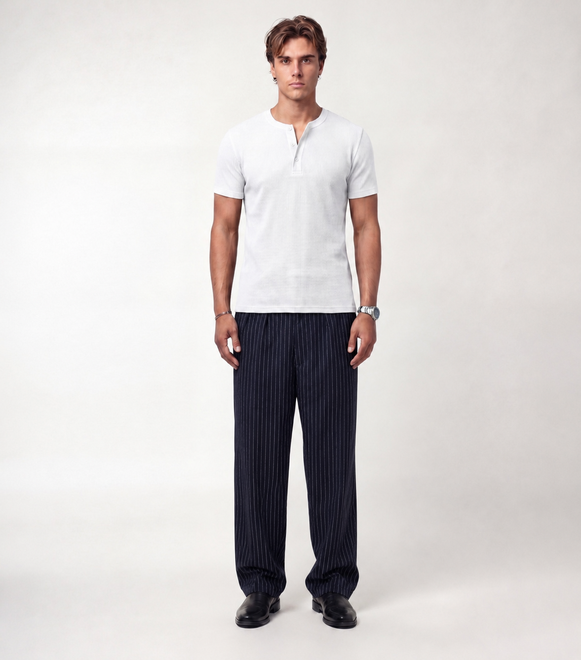 Navy Pinstripe Trousers